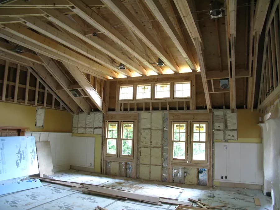 A framed room air-sealed with spray foam before insulation